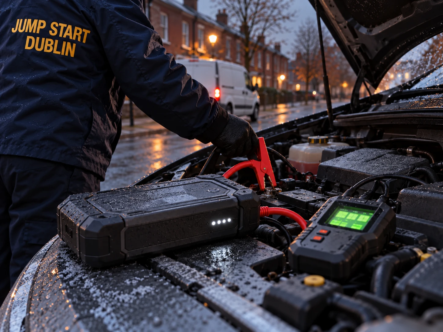 A jump starter pack and a battery tester on an open engine bay