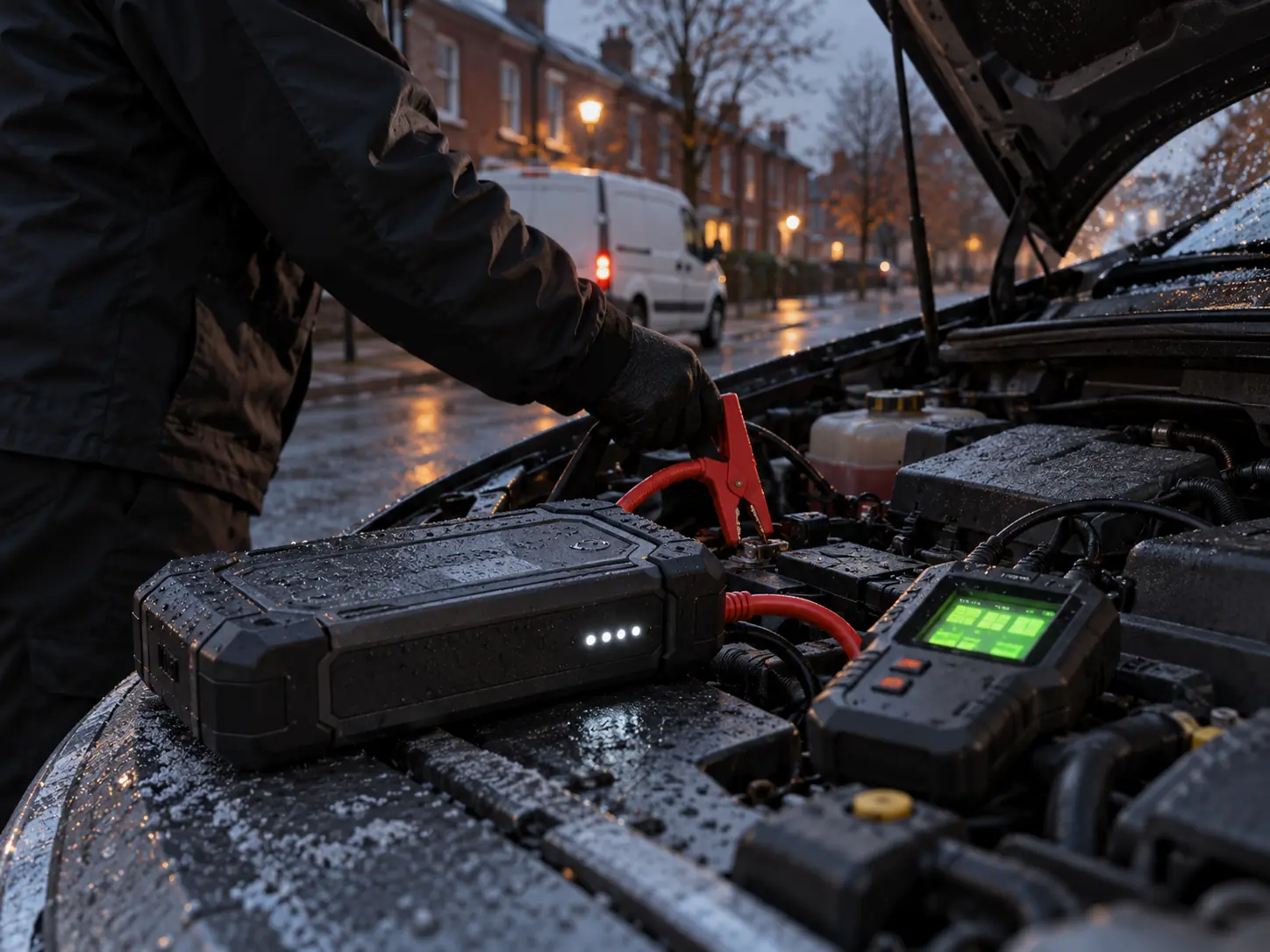 A jump pack and battery tester on an engine