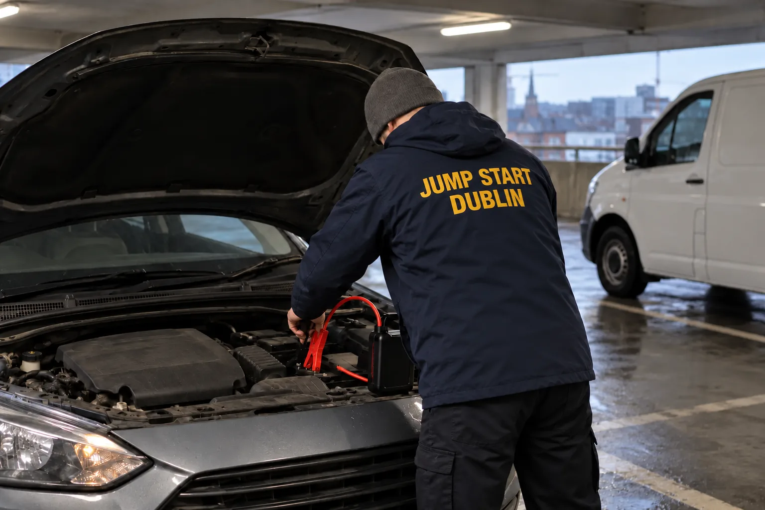 A car with its bonnet up in a multi-storey car park while a portable jump pack is connected