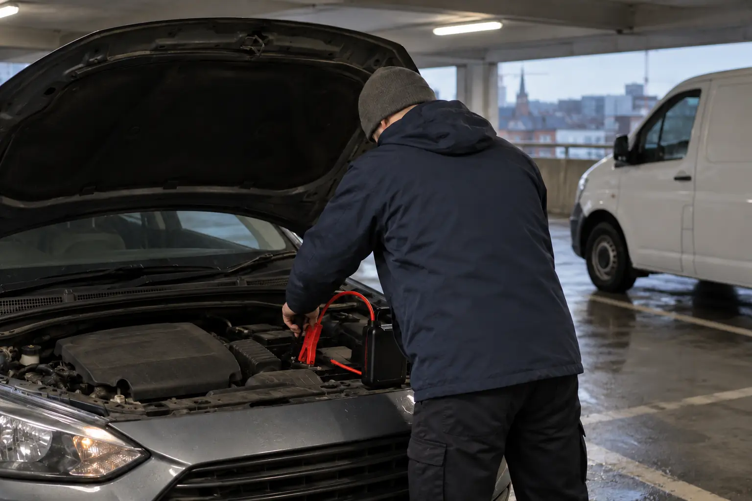 A jump start in a multi-storey car park