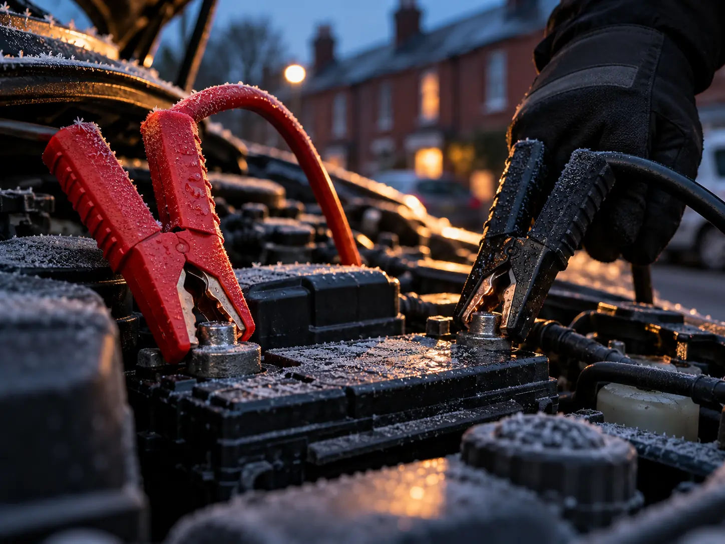 Red and black jump lead clamps on a frosted car battery during a jump start