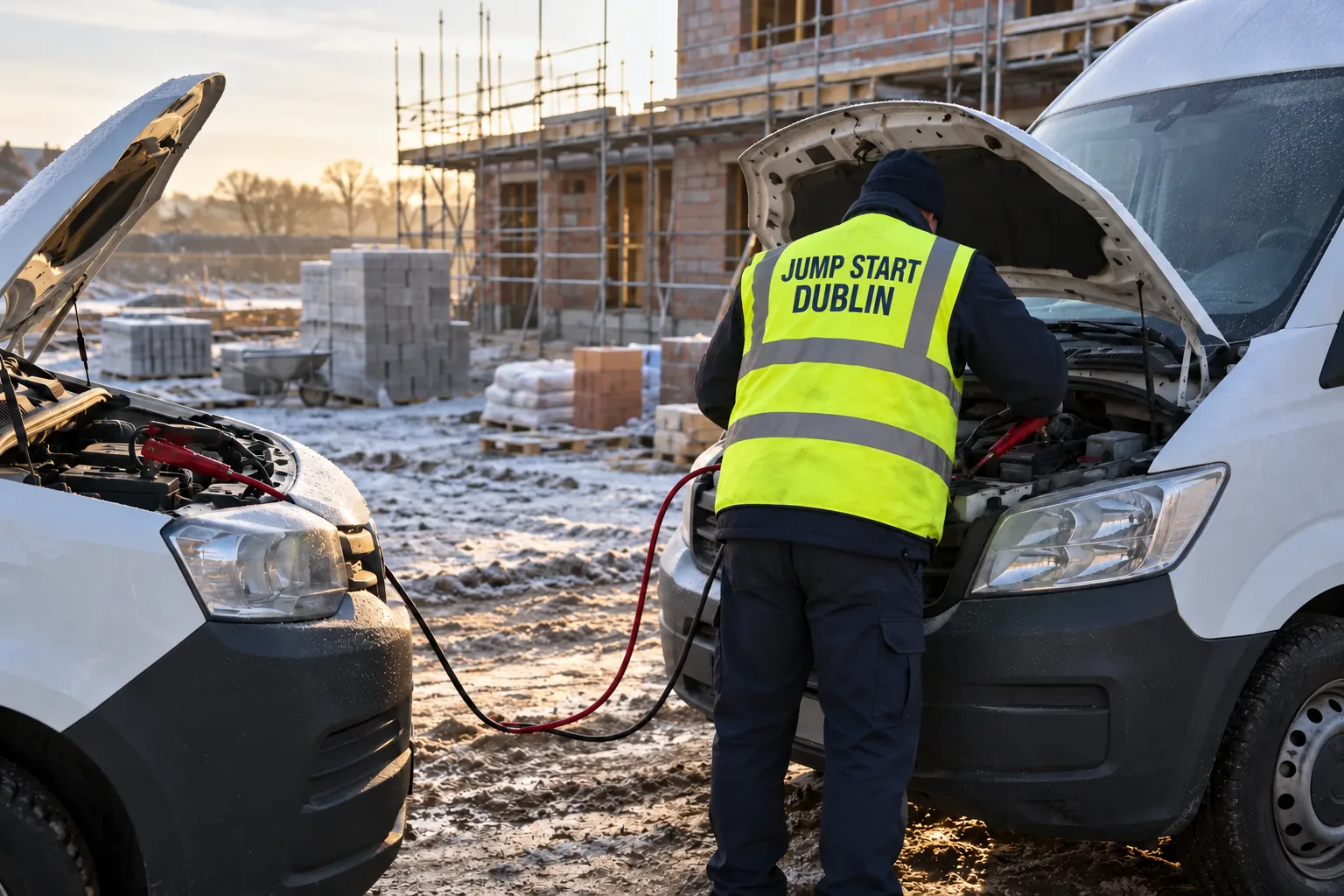 Jump starting a white diesel van on a frosty building site