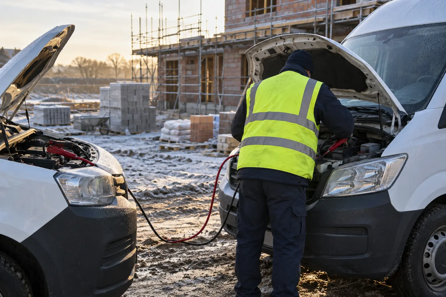 Jump starting a white diesel van on a frosty building site