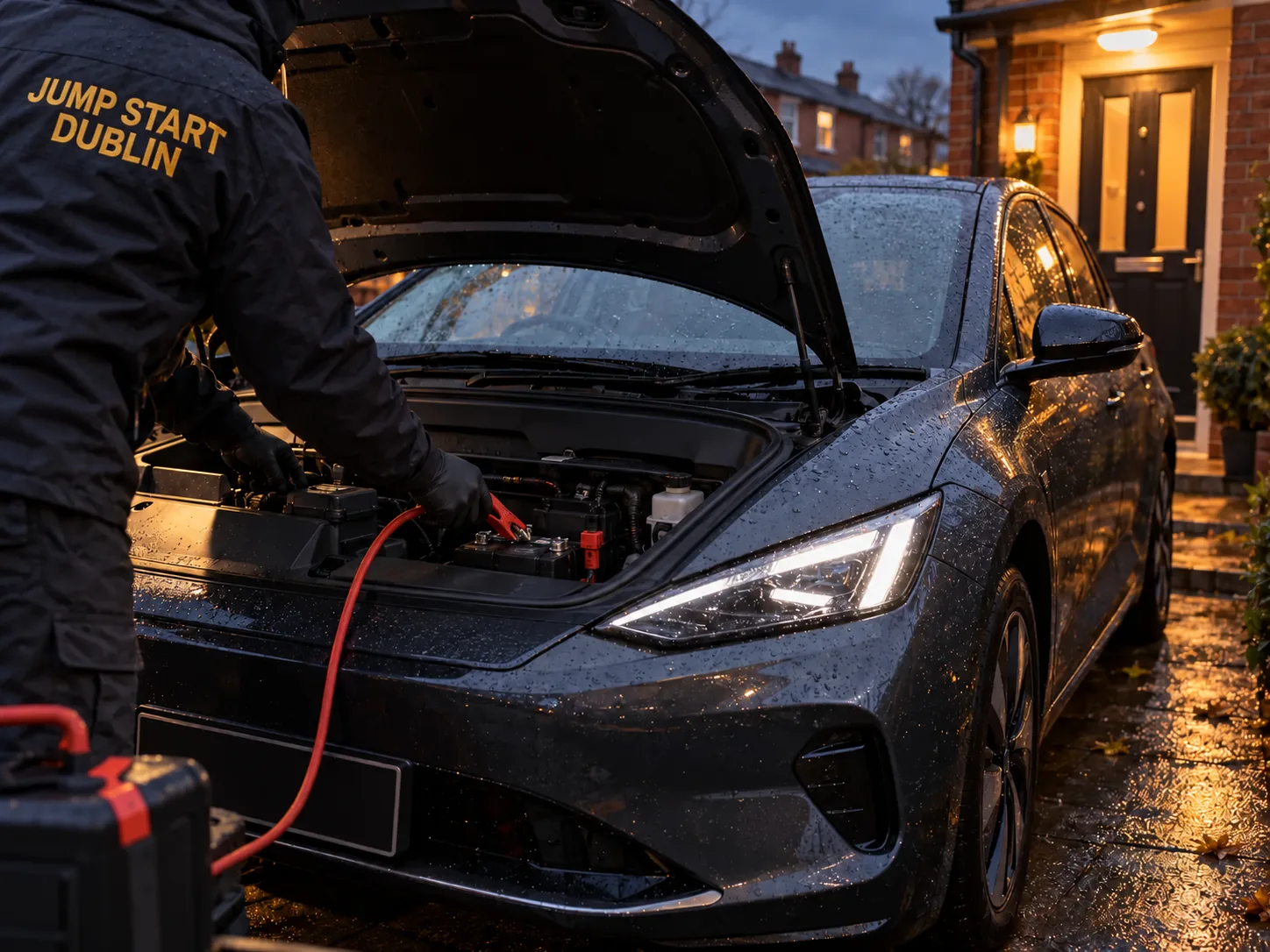 Connecting a jump lead to the 12V battery of an electric car at dusk