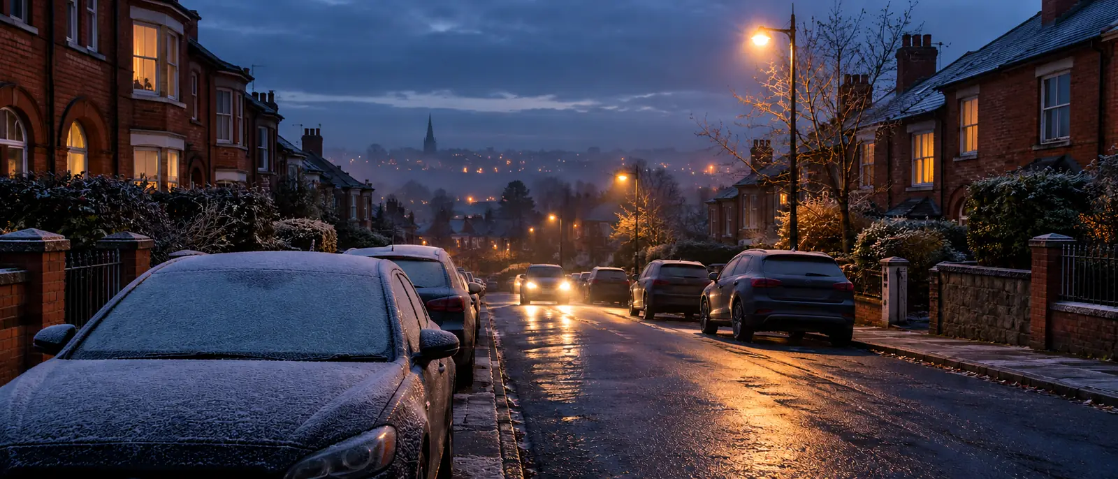 Frost on parked cars on a Dublin street at blue hour, the kind of morning a flat battery shows up