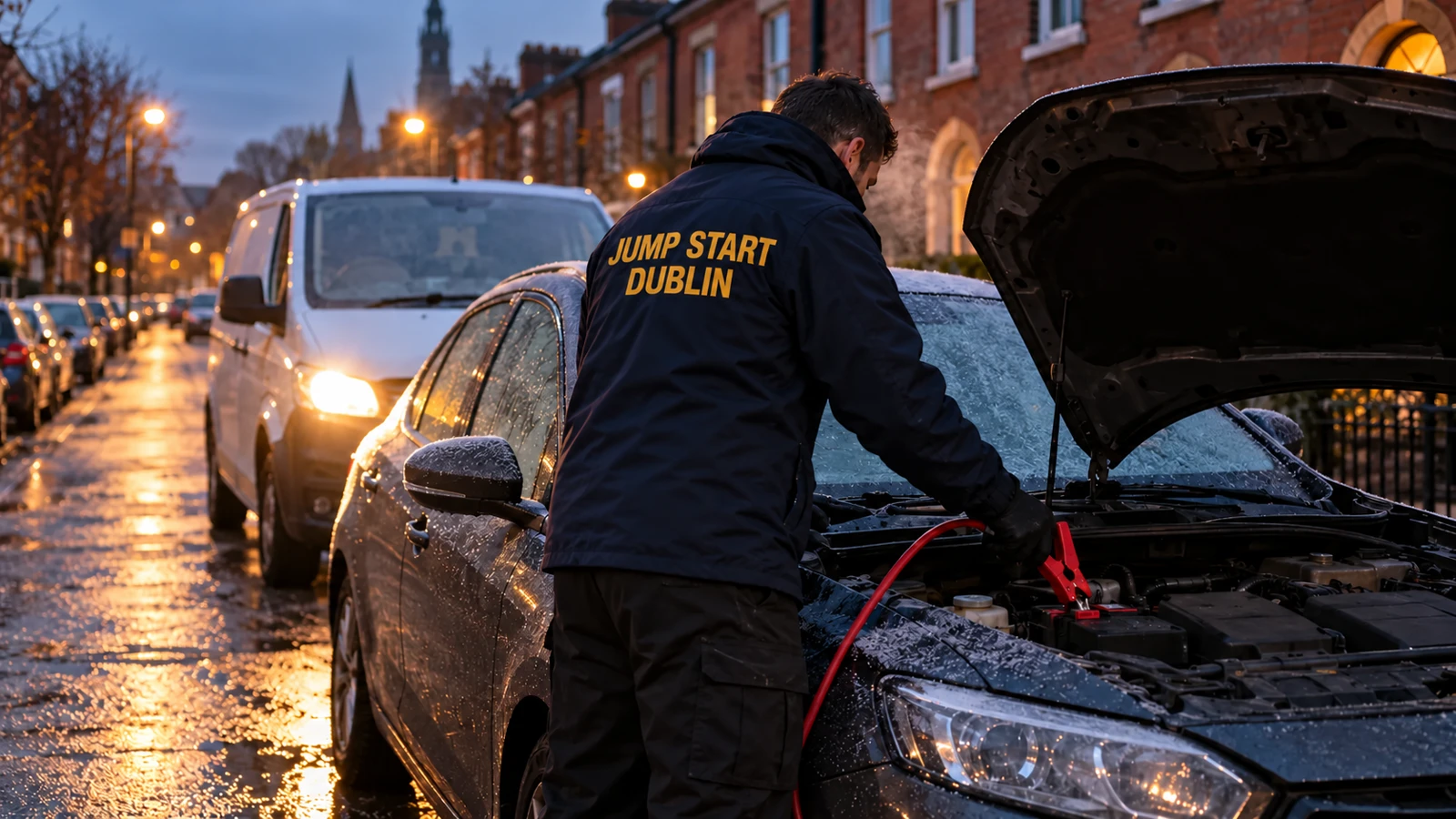 Jump starting a car with a flat battery on a frosty Dublin street before sunrise, red lead clamped to the battery