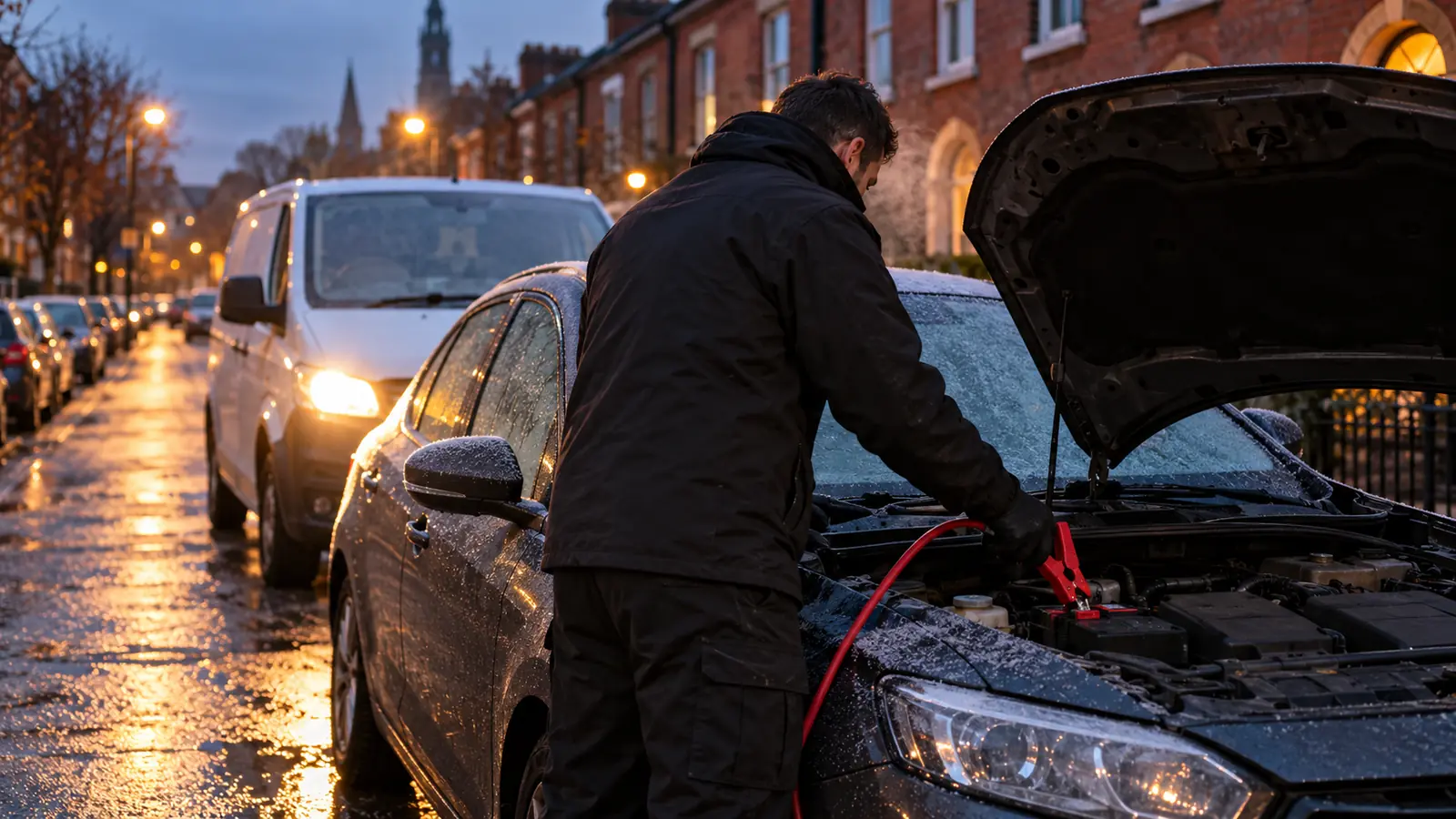 Jump starting a car with a flat battery on a frosty Dublin street