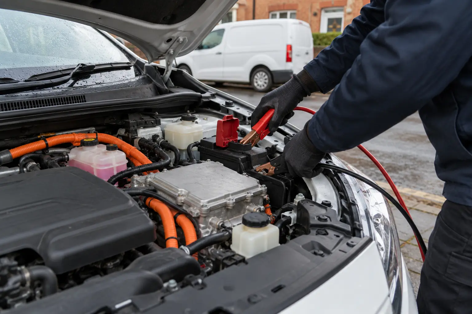 Gloved hands clip a lead onto the 12V jump terminal of a hybrid car, the orange high-voltage cables left alone