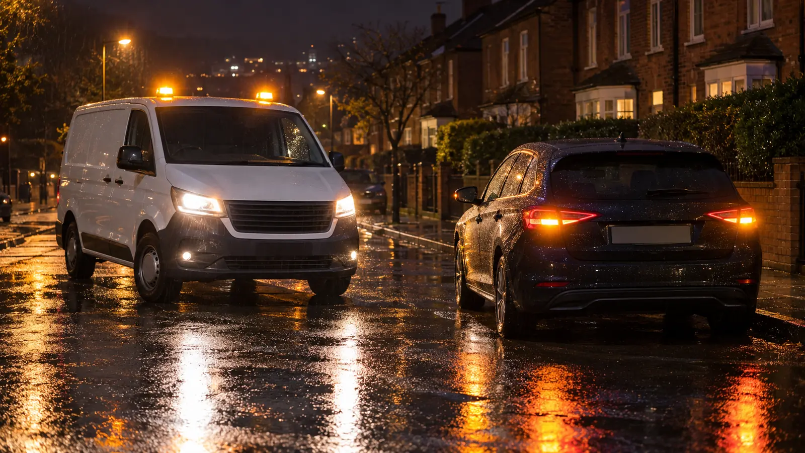 A white van with amber beacons pulling up for a jump start in Dublin beside a car with a flat battery