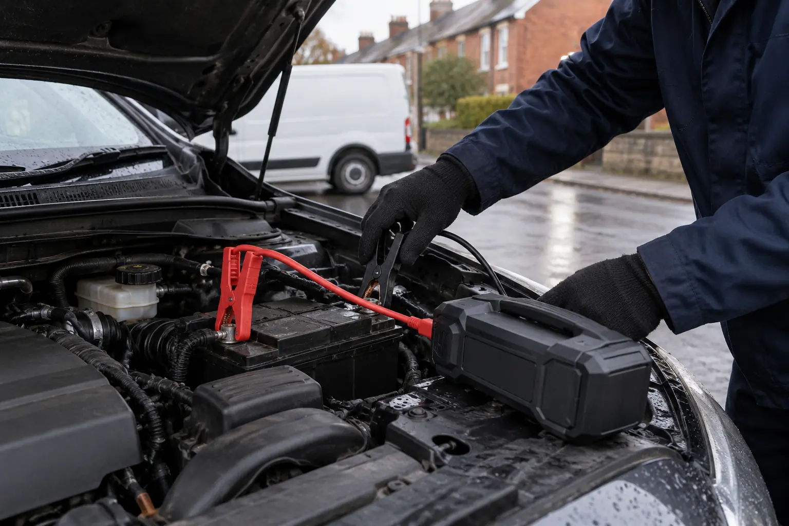 A portable lithium jump starter with heavy red and black clamps on a car battery
