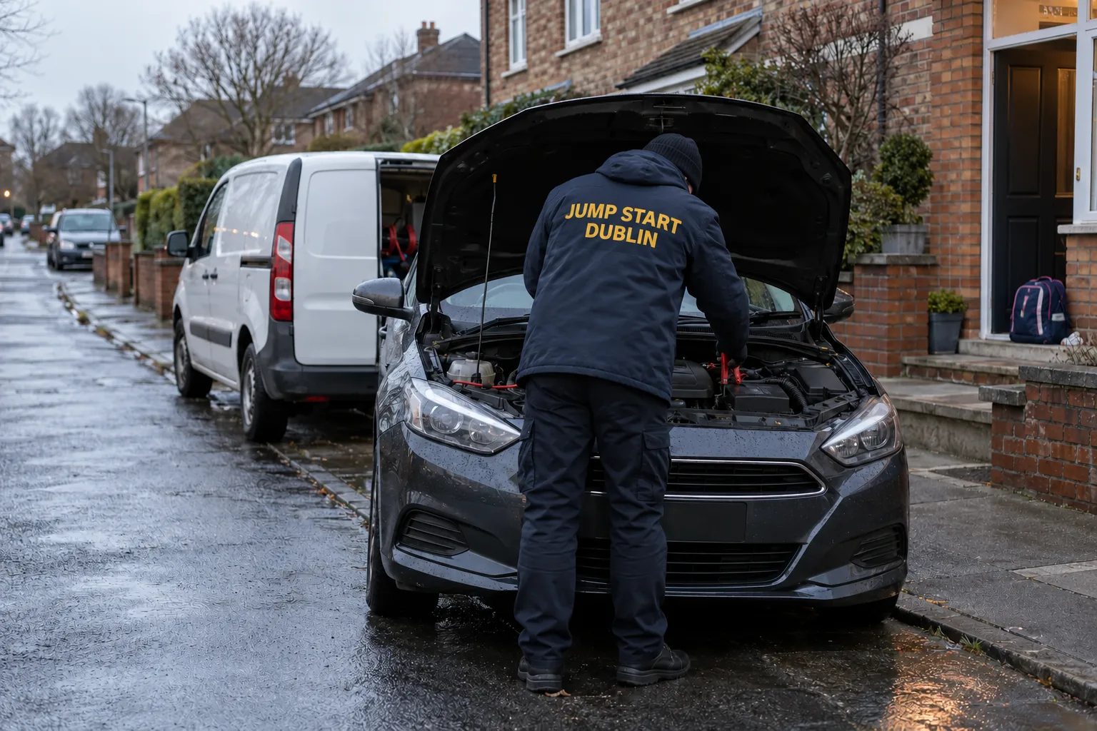 A car with its bonnet up outside a Dublin house on a winter school-run morning