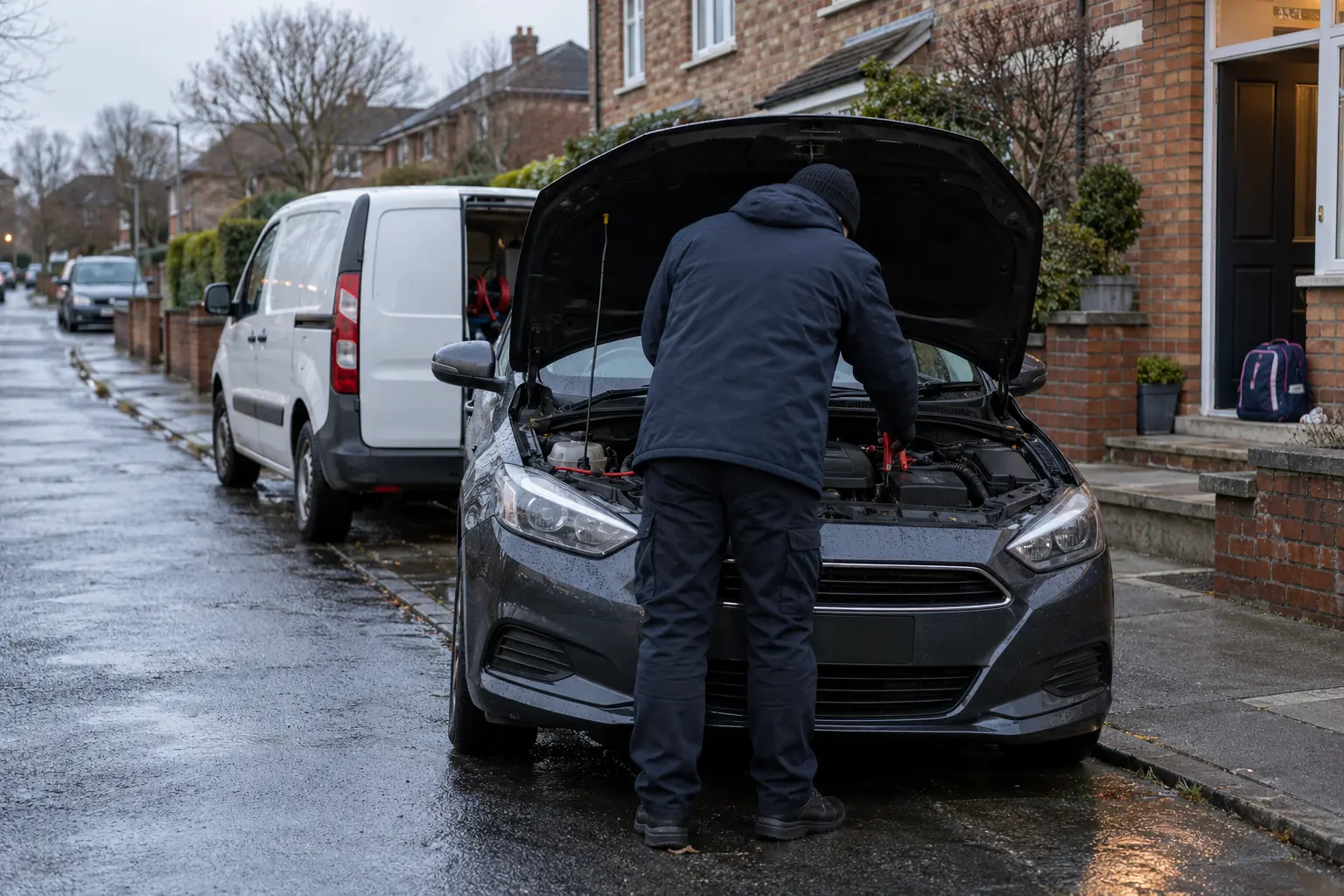 A car with its bonnet up outside a house on a school morning