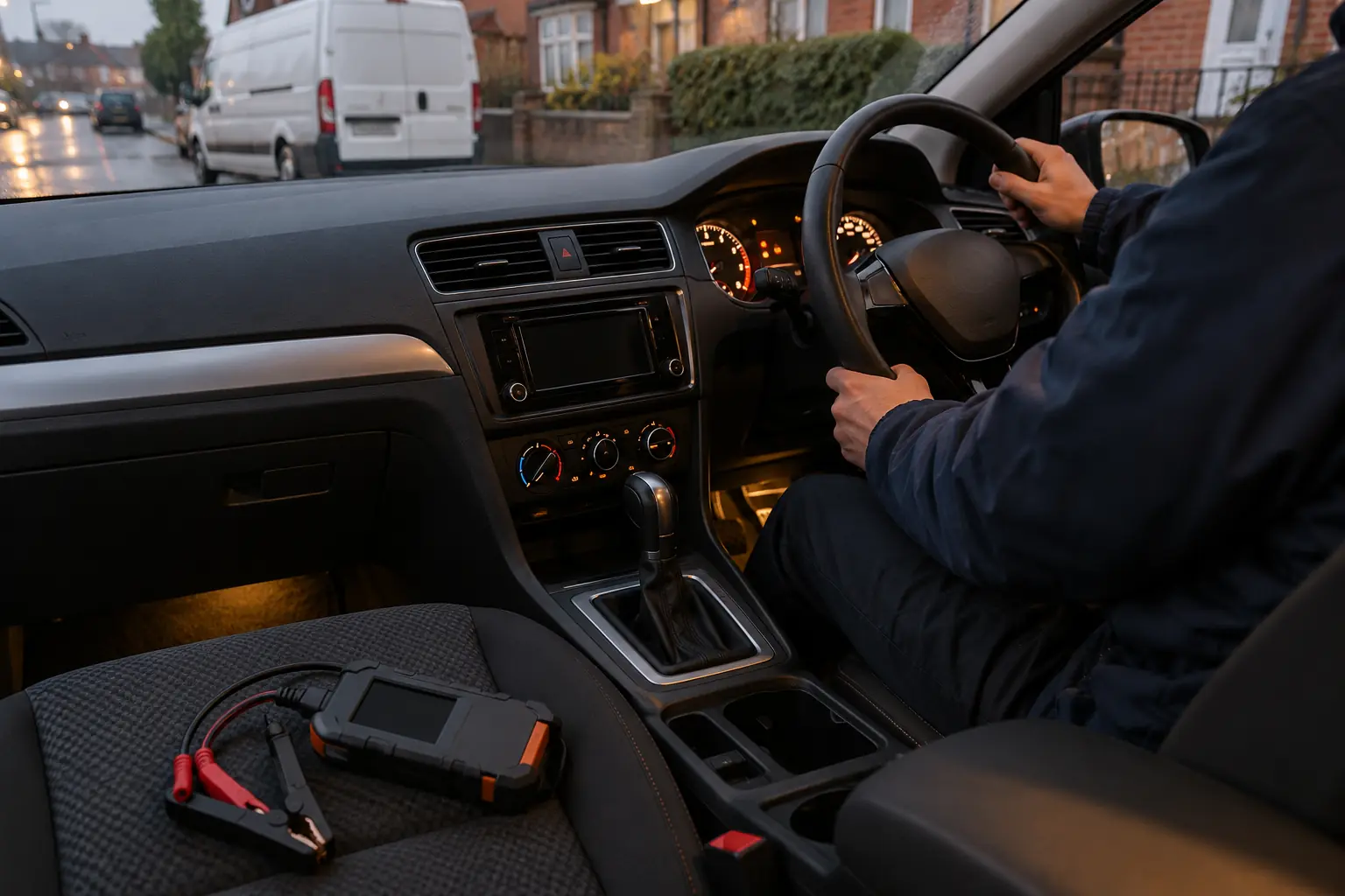 A car dashboard lit up just after a successful jump start