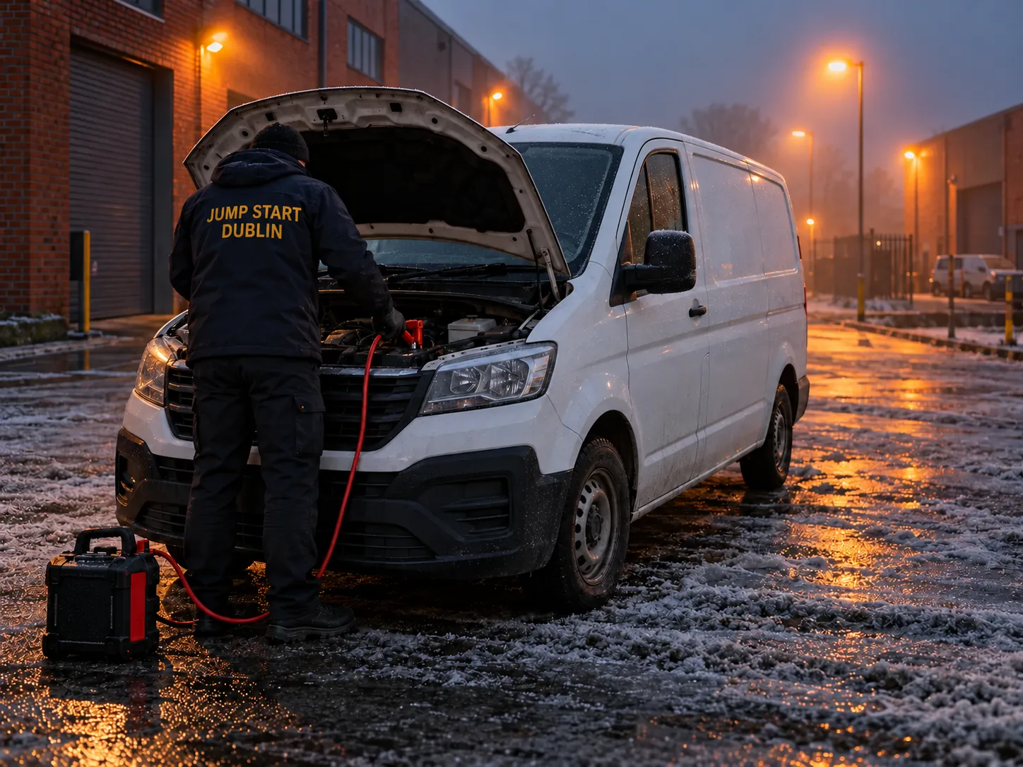 Jump starting a white van on a frosty industrial estate