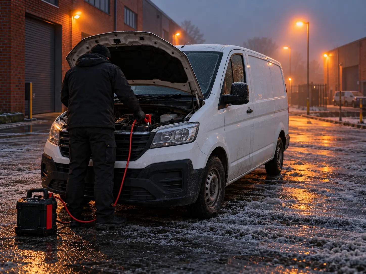 Jump starting a white van on a frosty industrial estate