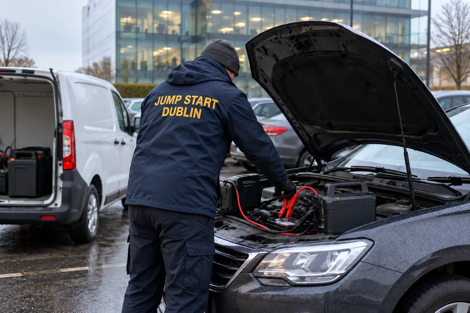 A car with a jump pack connected in a Dublin office car park in the morning