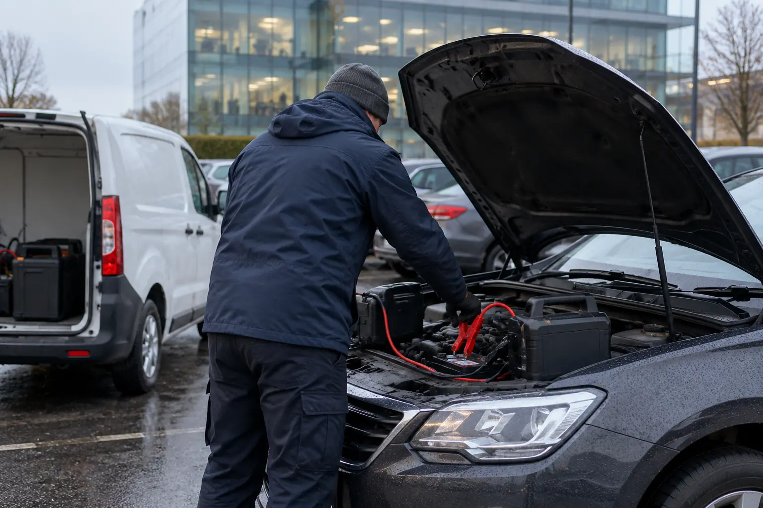 A car with a flat battery after days parked in a Dublin office car park, jump pack connected